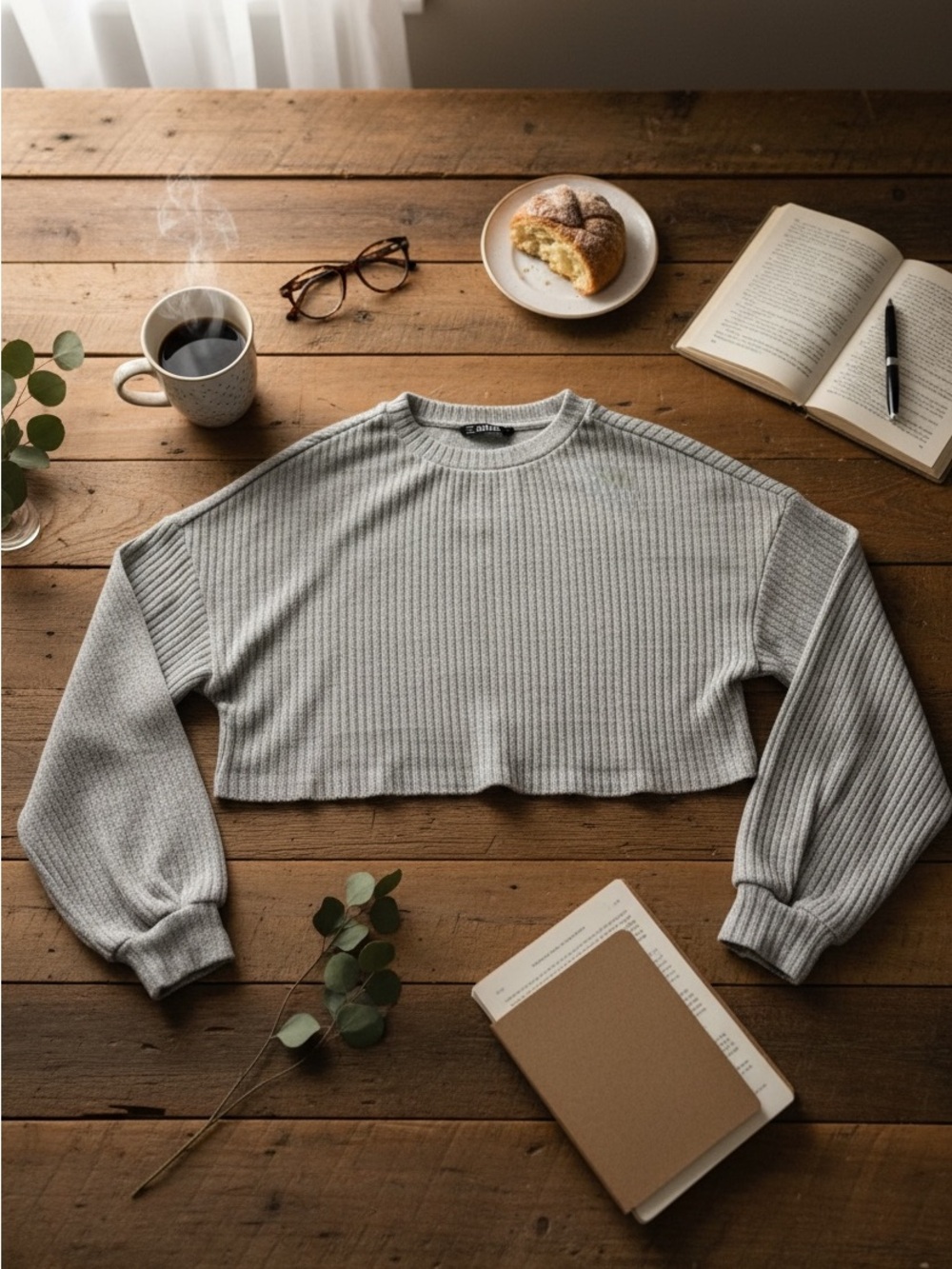 SHEIN Light Gray Ribbed Cropped Sweatshirt